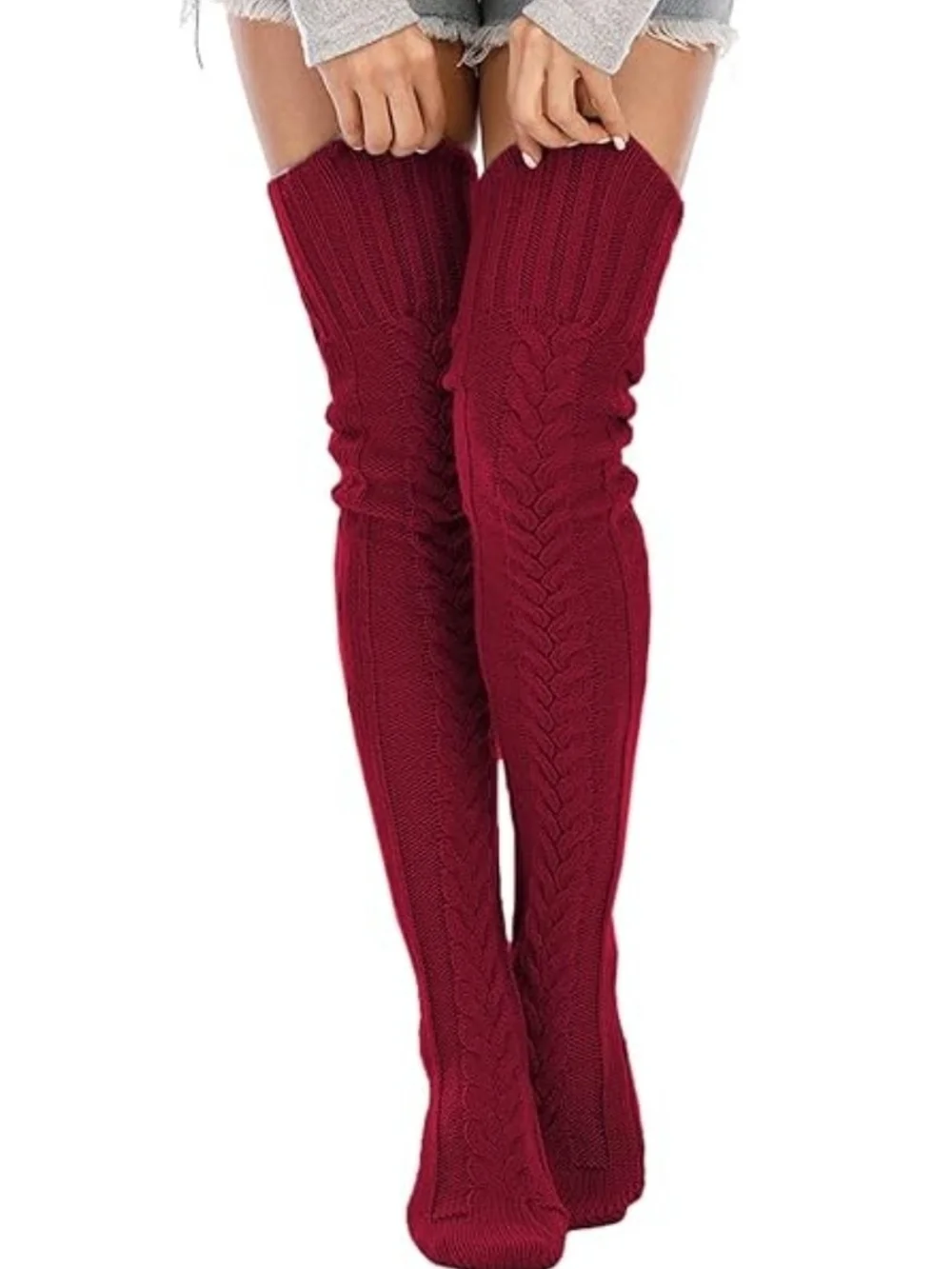3 Pack Cozy Cable Knit Over-the-Knee Socks - Gray, Pink, Burgundy